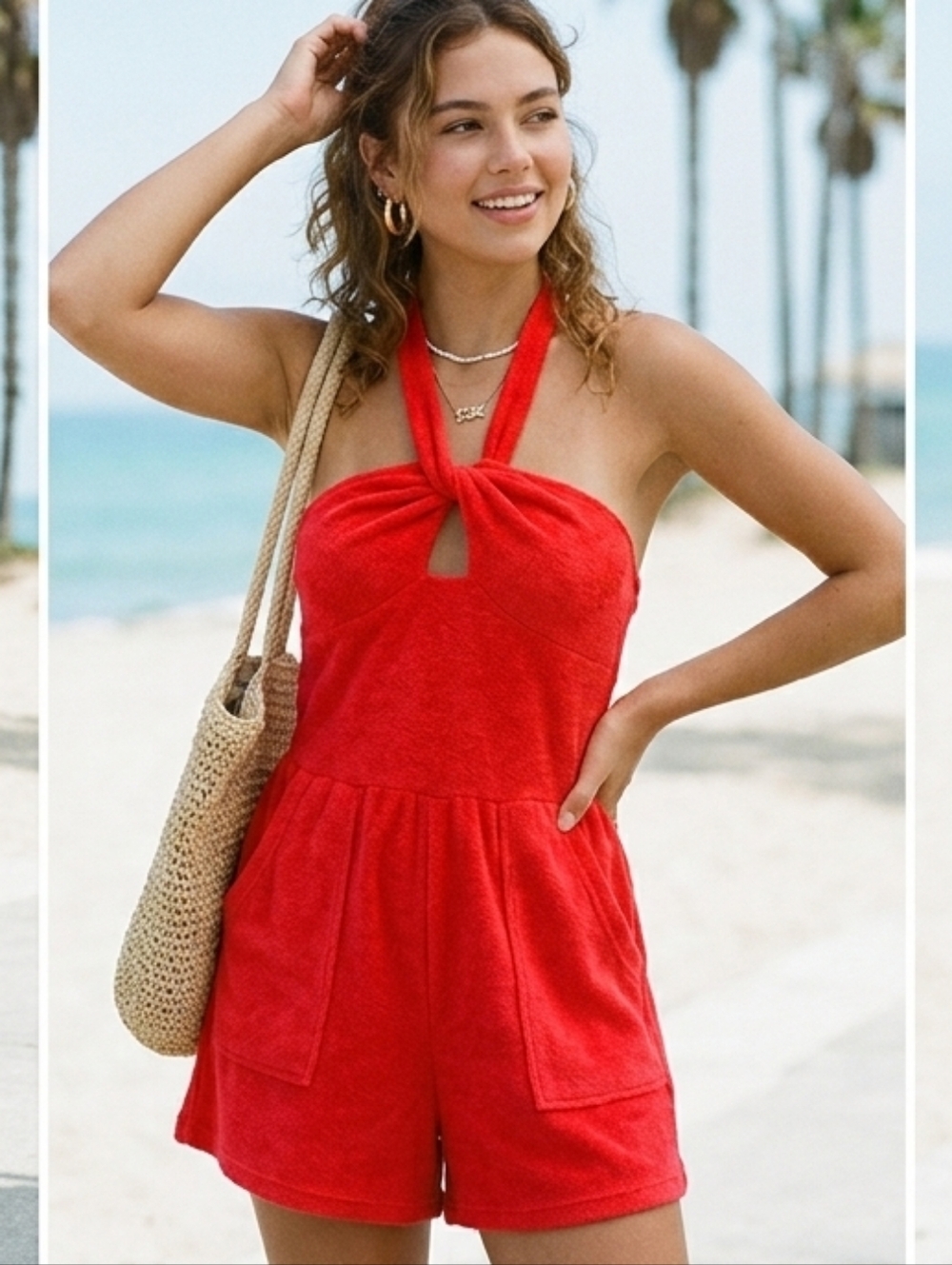 Wild Fable Red Terry Cloth Halter Romper Y2K Keyhole Twist Front Mini XS
